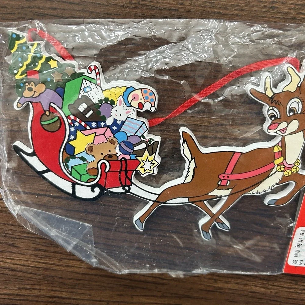 Vintage Kurt Adler Wood Christmas Ornament Rudolph Sleigh Toys NOS Santa's World